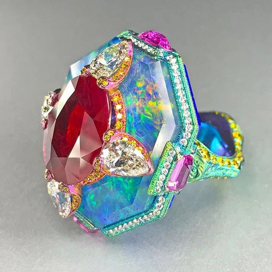 Vintage Stainless Steel Ring with Multicolor Stones