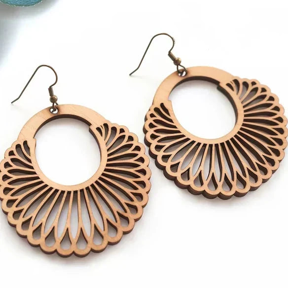Filigree mandala wooden earrings for women with bronze-coloured hooks