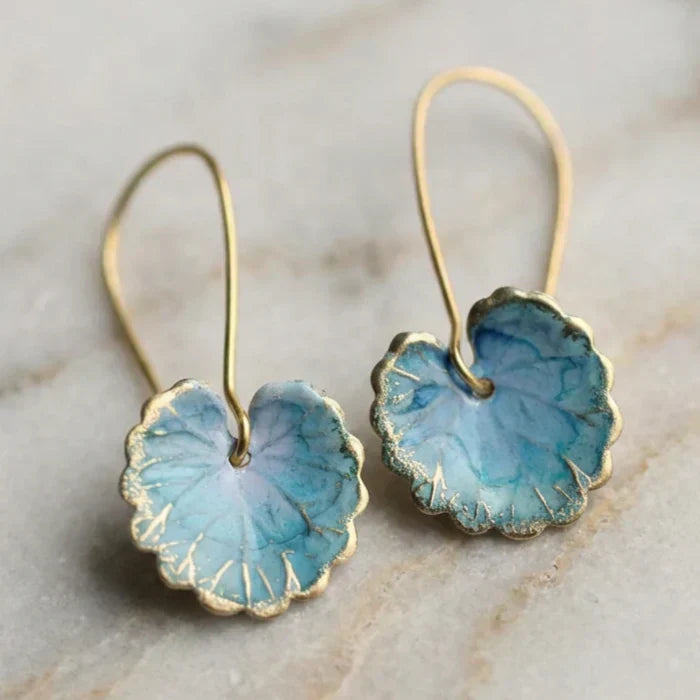 Vintage blue lotus leaf earrings with delicate details