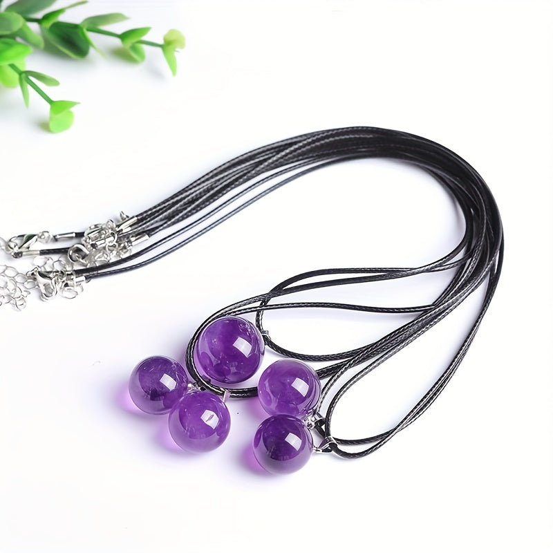 Amethyst Sphere Pendant Necklace on Black Leather Cord, Unisex