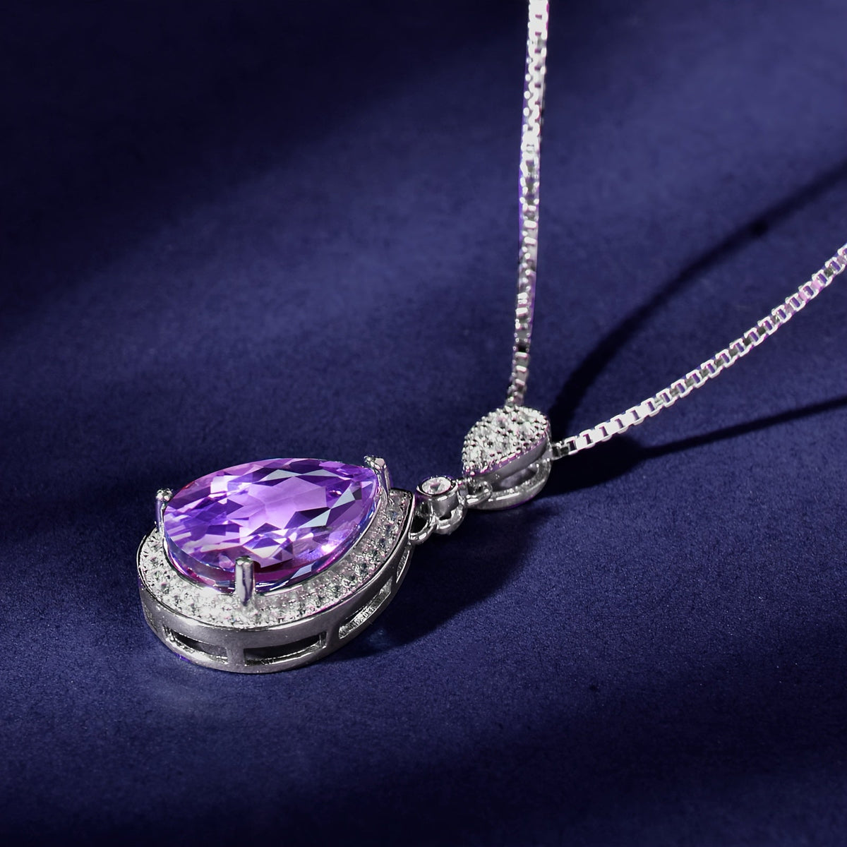 Purple Amethyst Teardrop Pendant Necklace with Cubic Zirconia