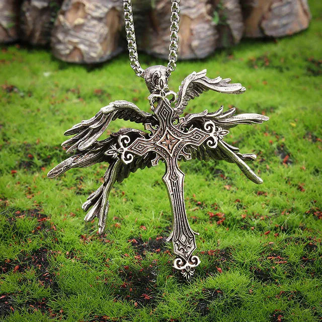 Angel Wing Cross Necklace with Filigree Detailing