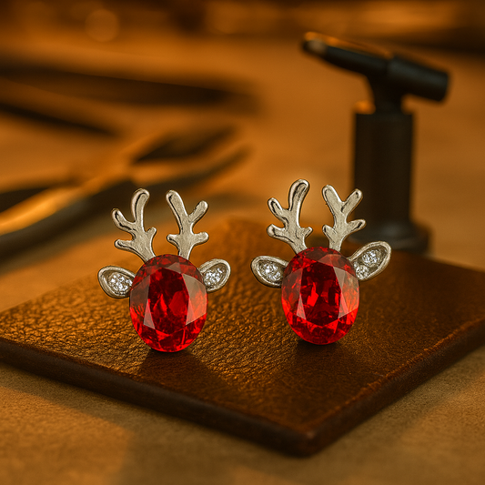 Festive reindeer-shaped earrings with sparkling oval crystal stones and glitter