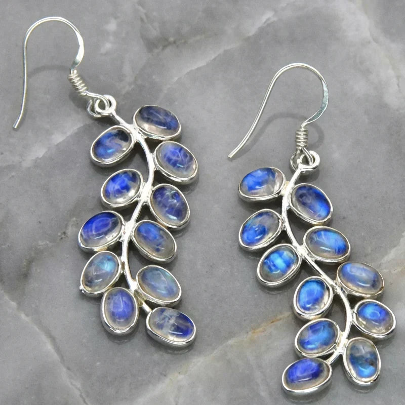 Vintage-Style Blue Moonstone Leaf Dangle Earrings