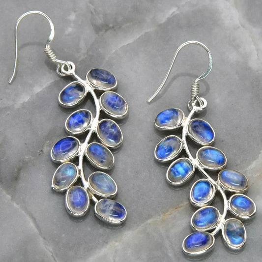 Vintage-Style Blue Moonstone Leaf Dangle Earrings