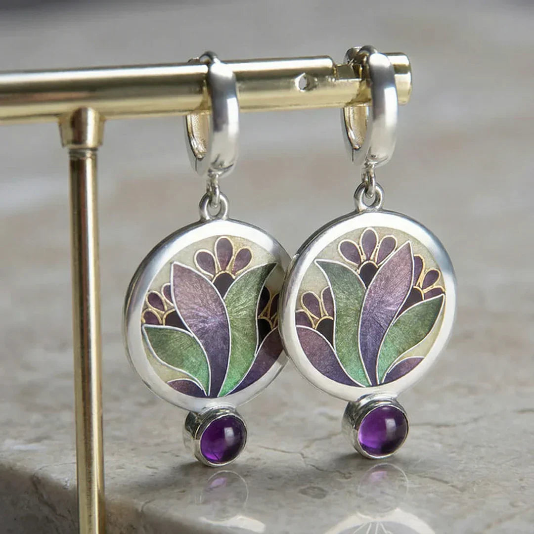 Boho Purple Enamel Crystal Earrings with Amethyst Gemstones
