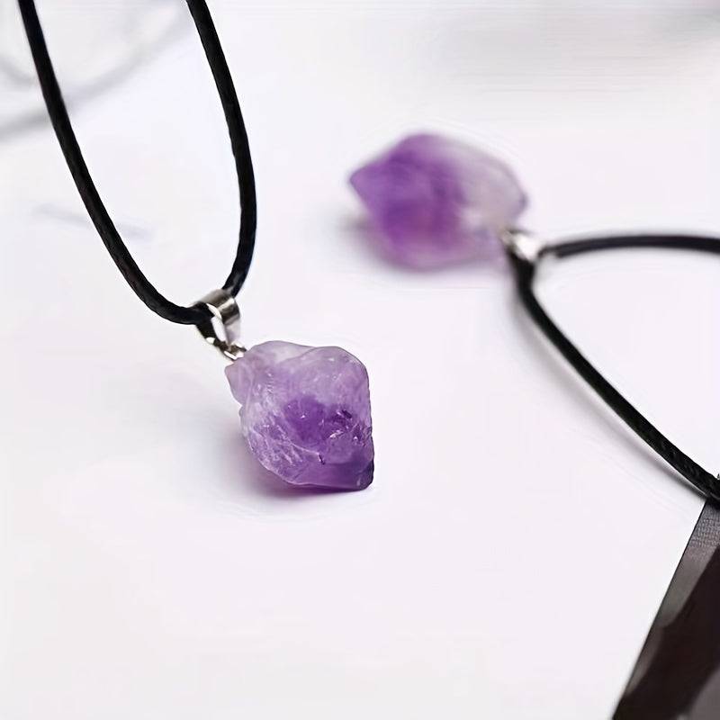 Raw Natural Amethyst Crystal Pendant Necklace with Leather Cord