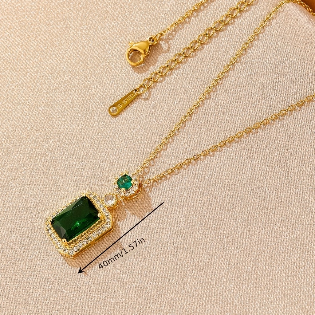 Elegant Emerald Necklace with Cubic Zirconia Details and Delicate Chain
