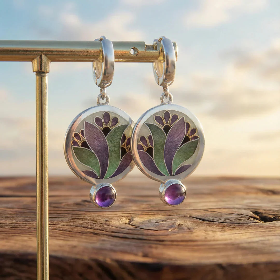 Boho Purple Enamel Crystal Earrings with Amethyst Gemstones