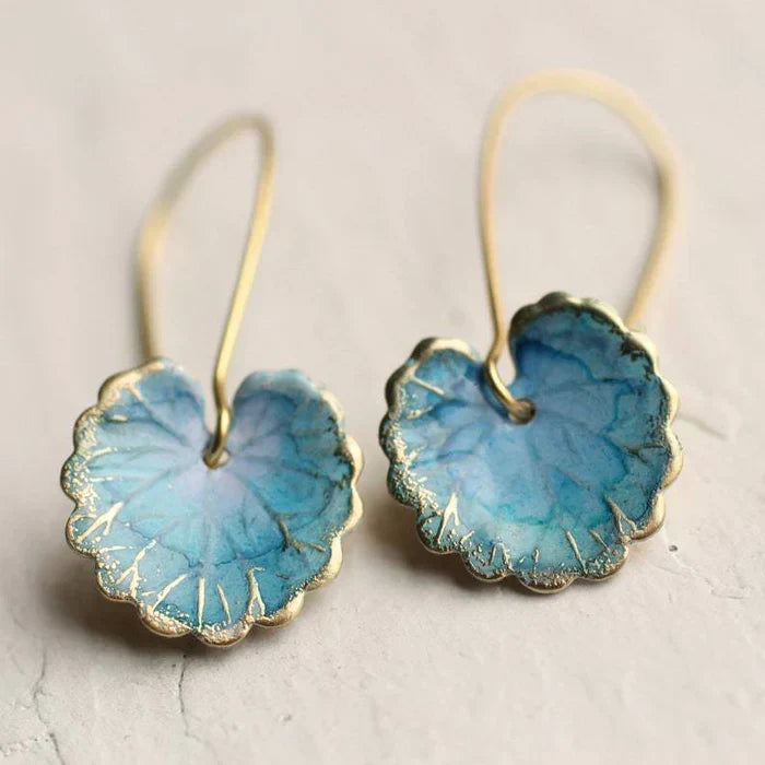 Vintage blue lotus leaf earrings with delicate details