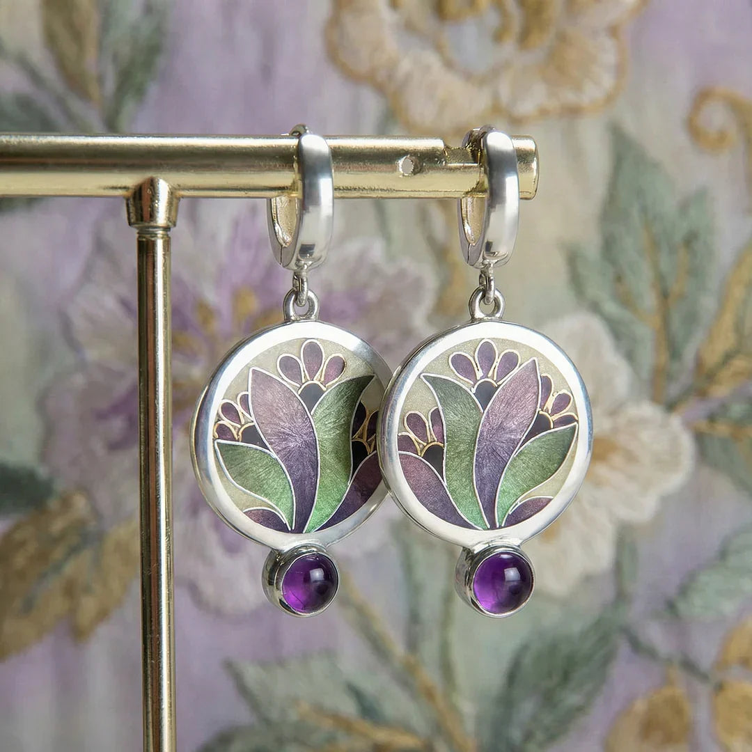 Boho Purple Enamel Crystal Earrings with Amethyst Gemstones
