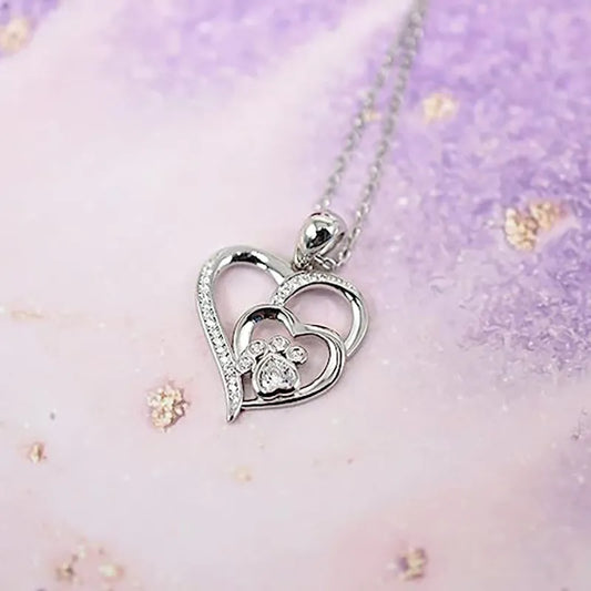 Heart-Shaped Necklace with Sparkling Cubic Zirconia and Cute Paw Print