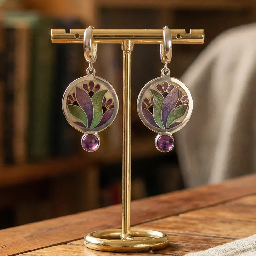 Boho Purple Enamel Crystal Earrings with Amethyst Gemstones