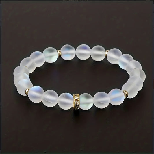 Bracelet made from iridescent moonstone beads with sparkling cubic zirconia details