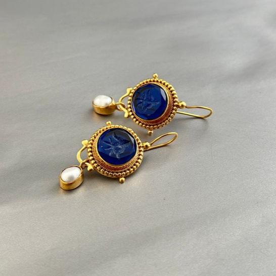 Antique Earrings with Blue Stones and Freshwater Pearls
