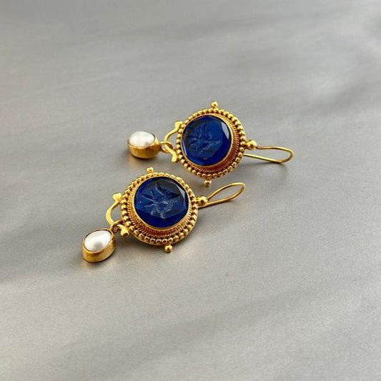 Antique Earrings with Blue Stones and Freshwater Pearls