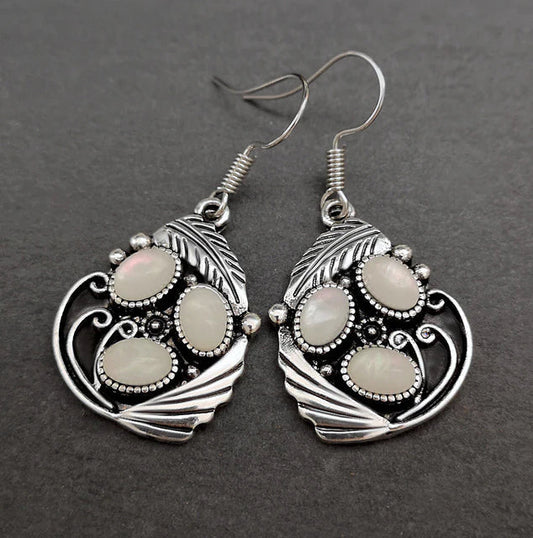 White Stone Earrings with Antique Leaf Design