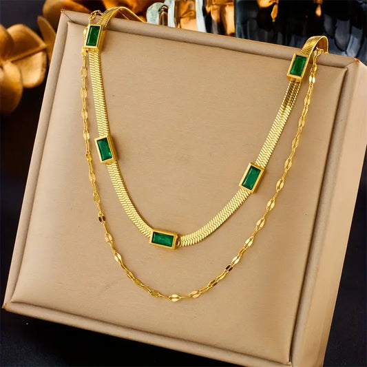 Double Snake Chain Necklace with Green Rhinestones