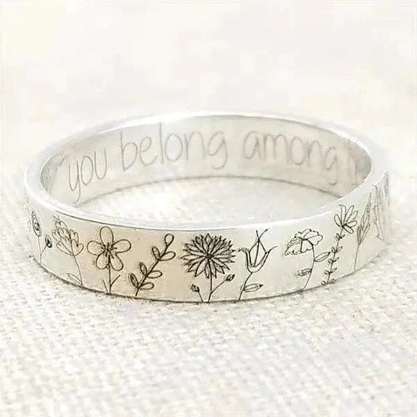 Stainless Steel Ring with Floral Engraving and Inspirational Message