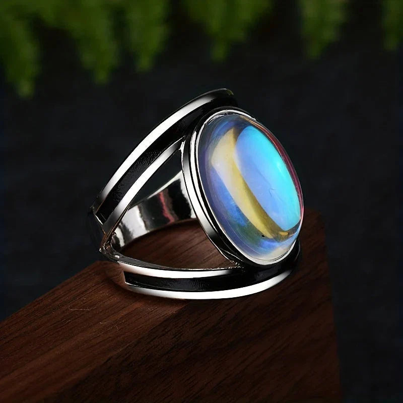 Stainless Steel Ring with Iridescent Moonstone