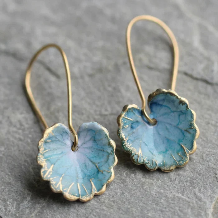 Vintage blue lotus leaf earrings with delicate details