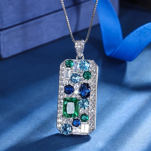 Elegant Rectangular Necklace with Radiant Blue and Green Gemstones