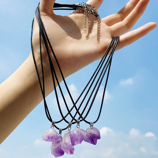 Natural Raw Amethyst Stone Necklace with Leather Cord, Spiritual Jewelry