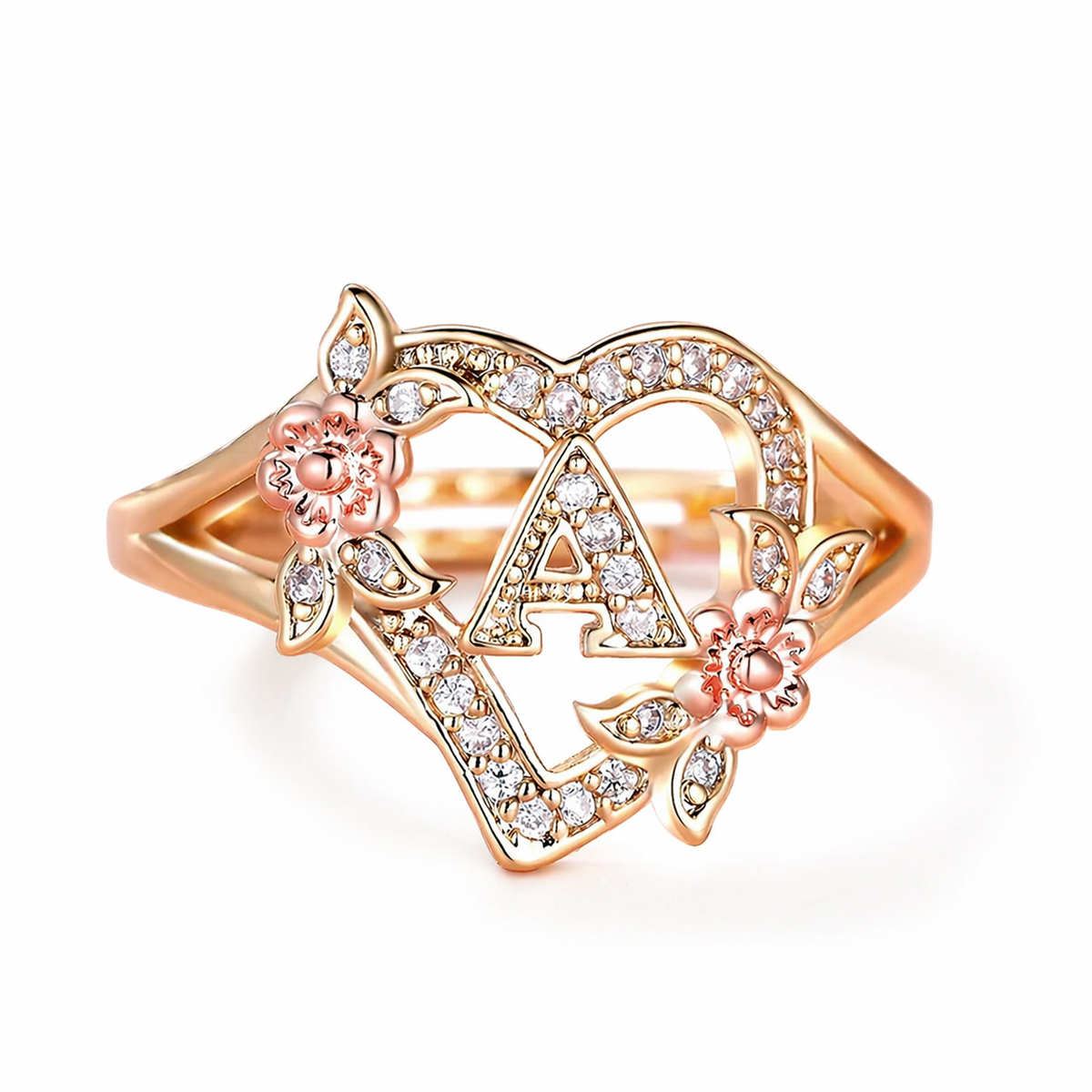 Stainless Steel Ring with Initial and Crystals