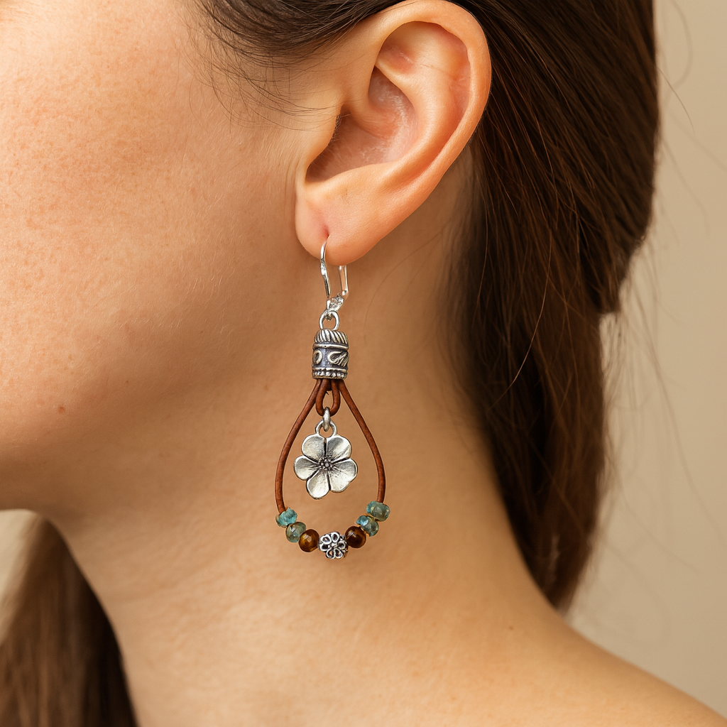 Boho Leather Dangle Earrings with Flower Charms and Beads