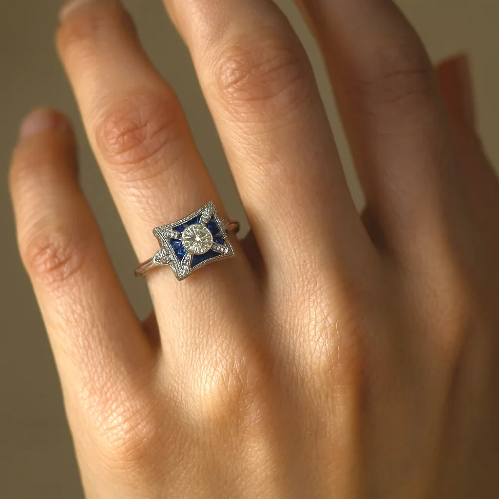 Square Vintage Ring with Blue Cubic Zirconia