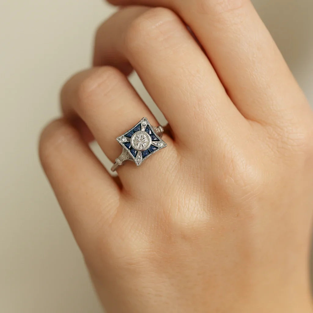Square Vintage Ring with Blue Cubic Zirconia