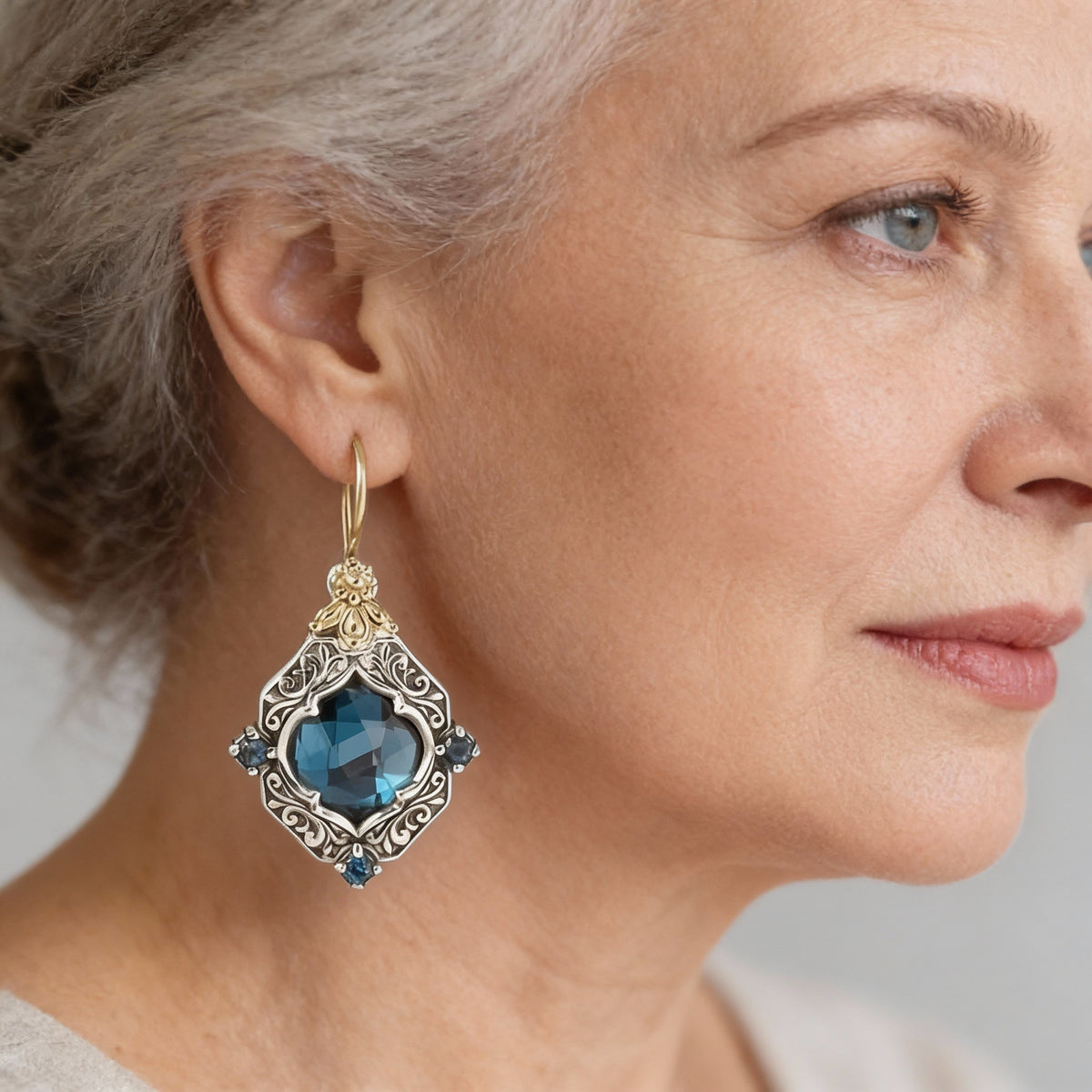 Antique Blue Topaz Earrings with Vintage Floral Design