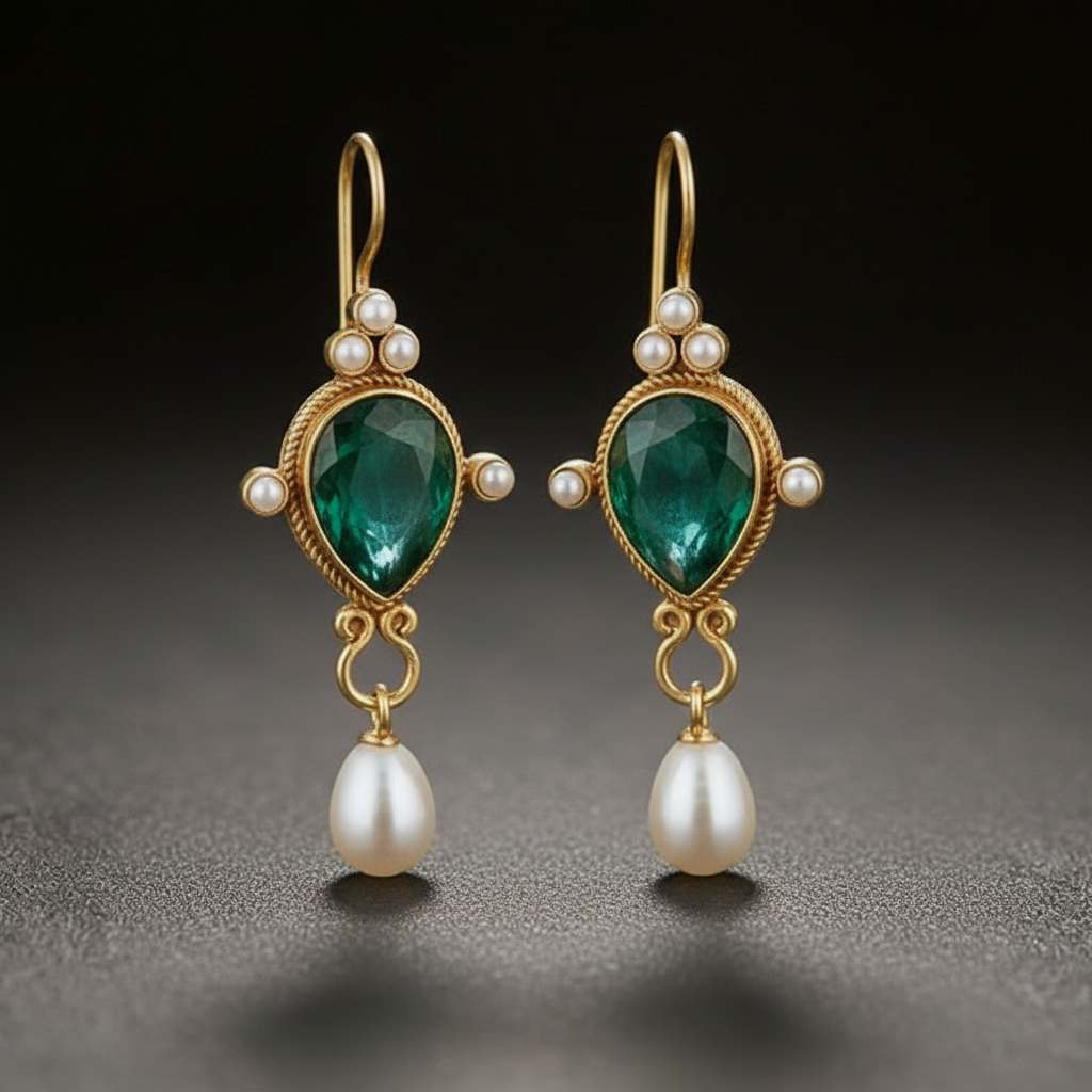 Vintage Gemstone Dangle Earrings with Pearl Details