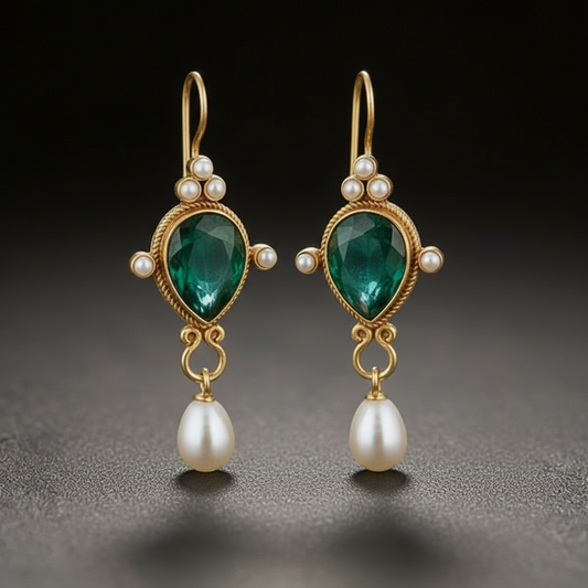 Vintage Gemstone Dangle Earrings with Pearl Details