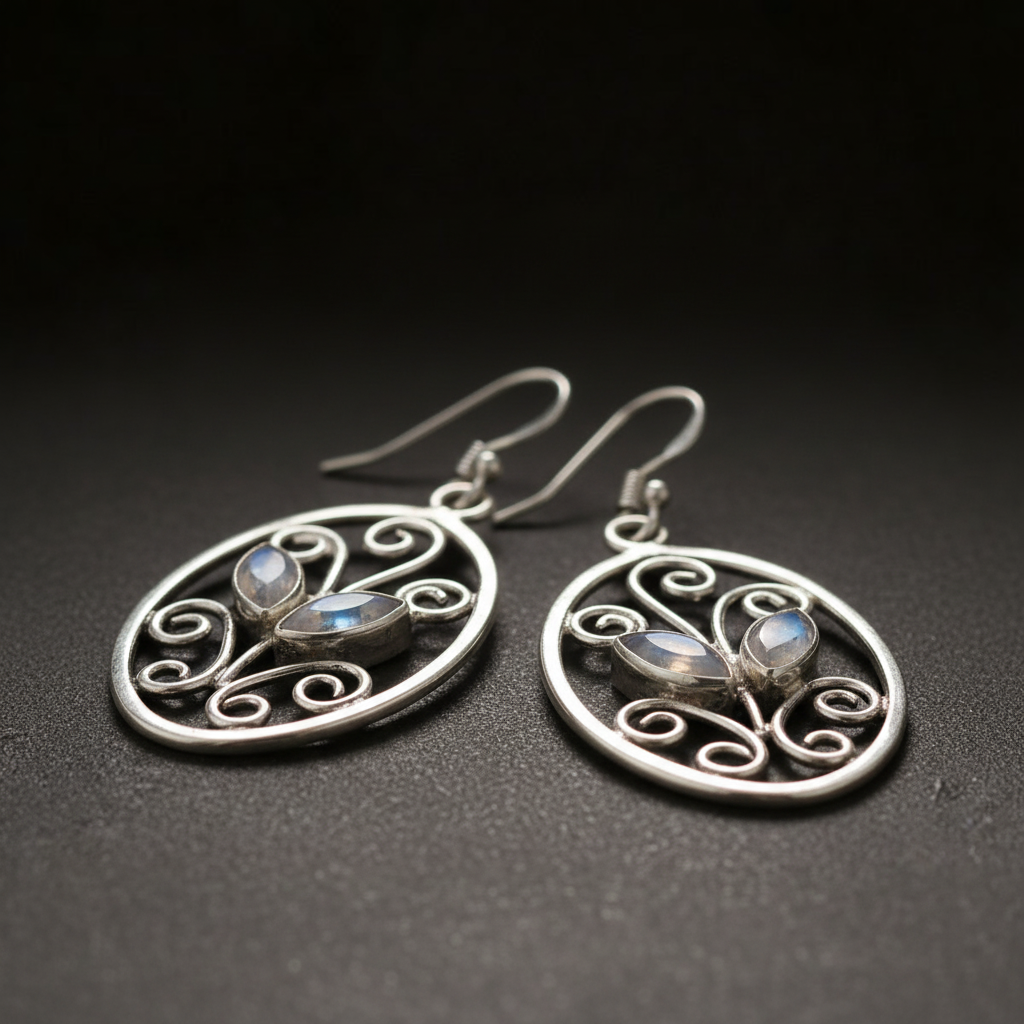 Silver colored moonstone earrings with floral hooks