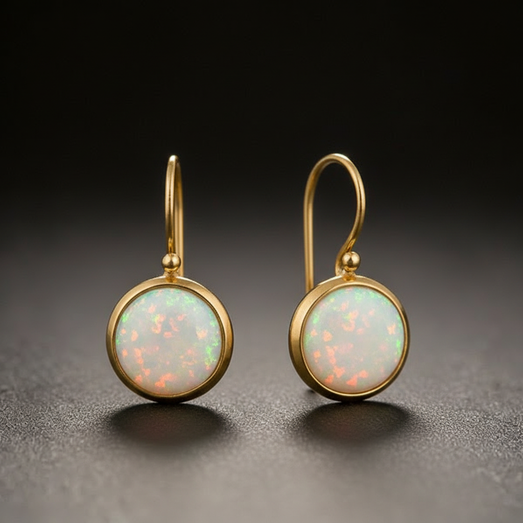 Opal Dangle Earrings with Delicate Iridescence and Gold Finish