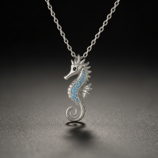 Ocean Seahorse Necklace with Sparkling Blue Stones