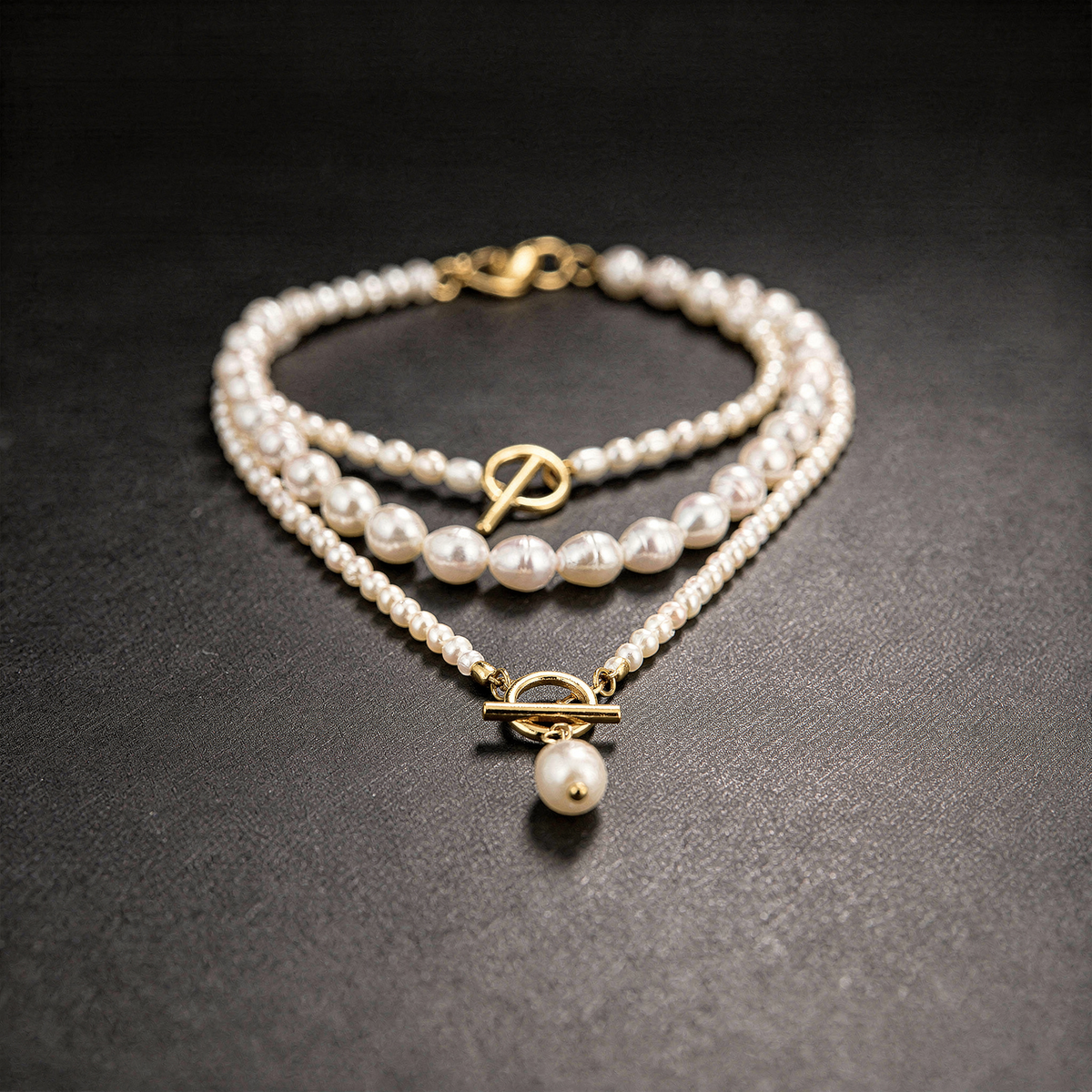 Triple Strand Freshwater Pearl Necklace with Elegant Lever-Back Clasps