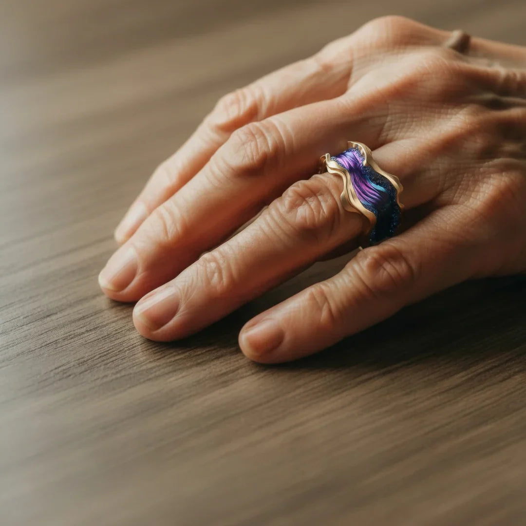 Handcrafted Ring with Multicolor Crystals and Gold Plating
