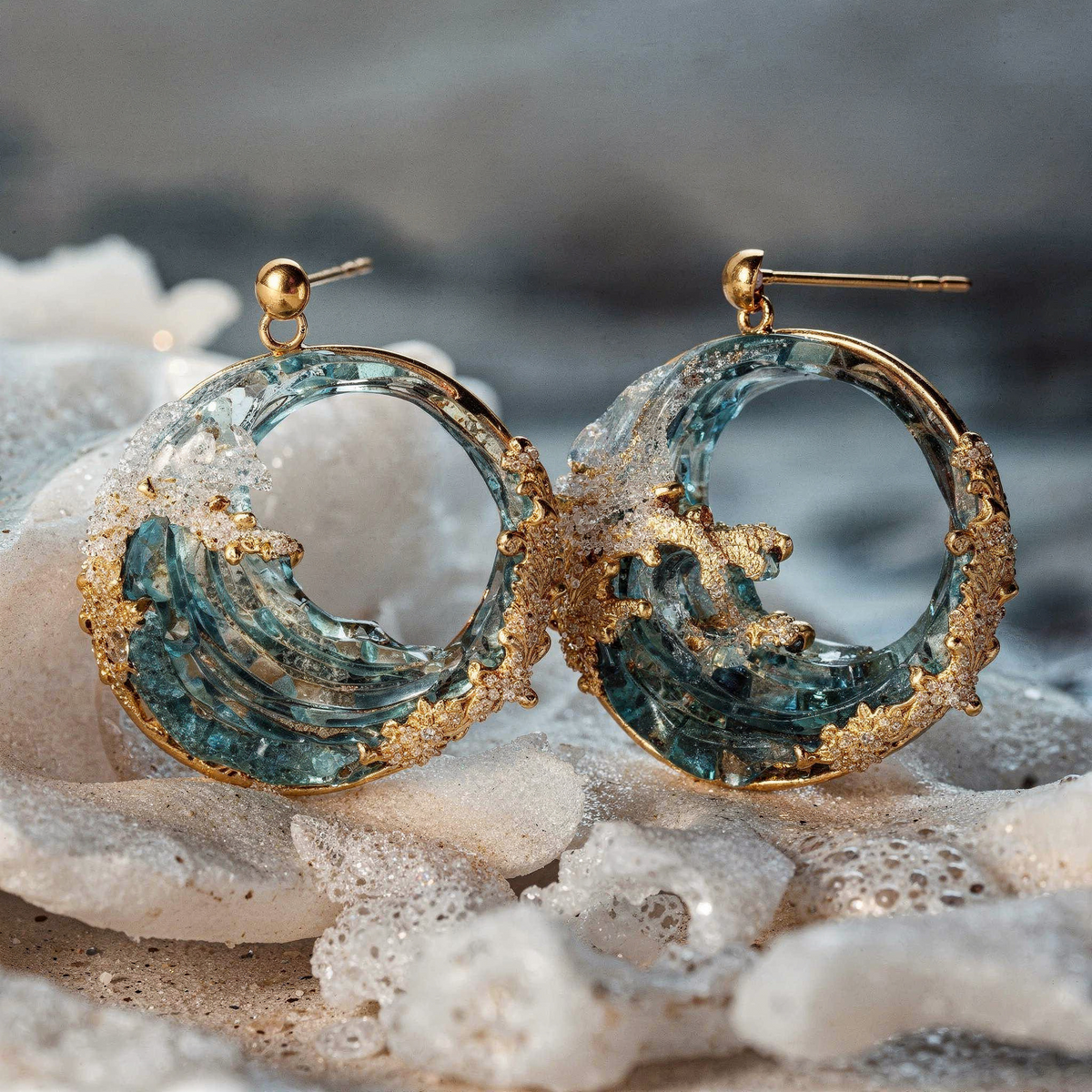Brilliant Ocean Wave Earrings Made of Glass and Crystals