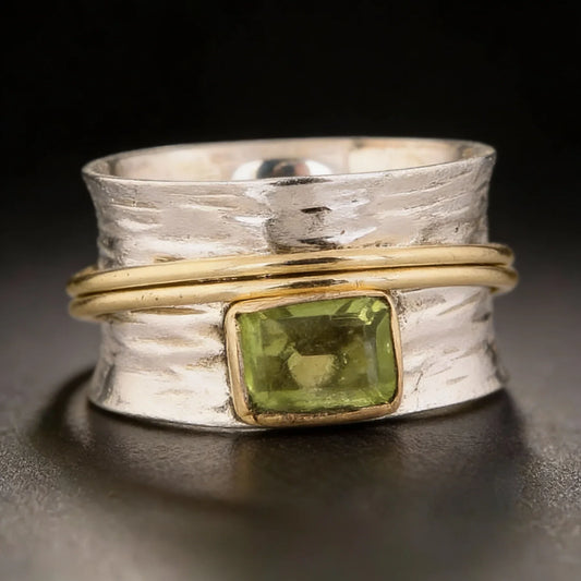 Handcrafted Silver Ring with Peridot Gemstone and Gold Details