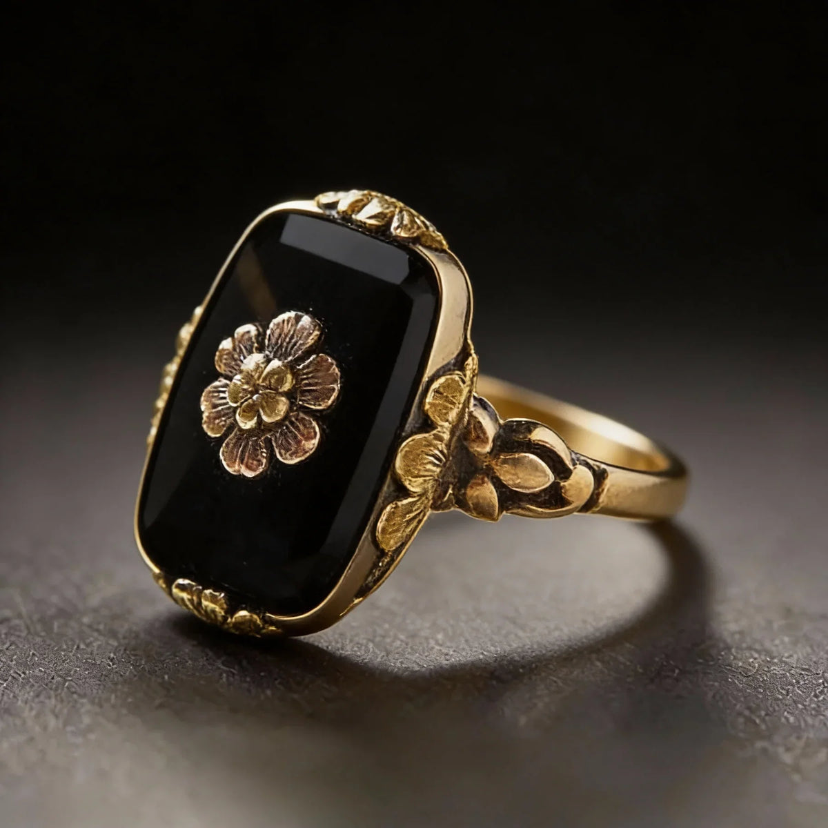 Vintage Ring with Black Stone and Gold Floral Details