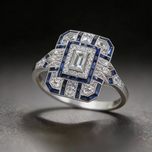 Vintage Silver Ring with Diamonds and Sapphires in Art Deco Style