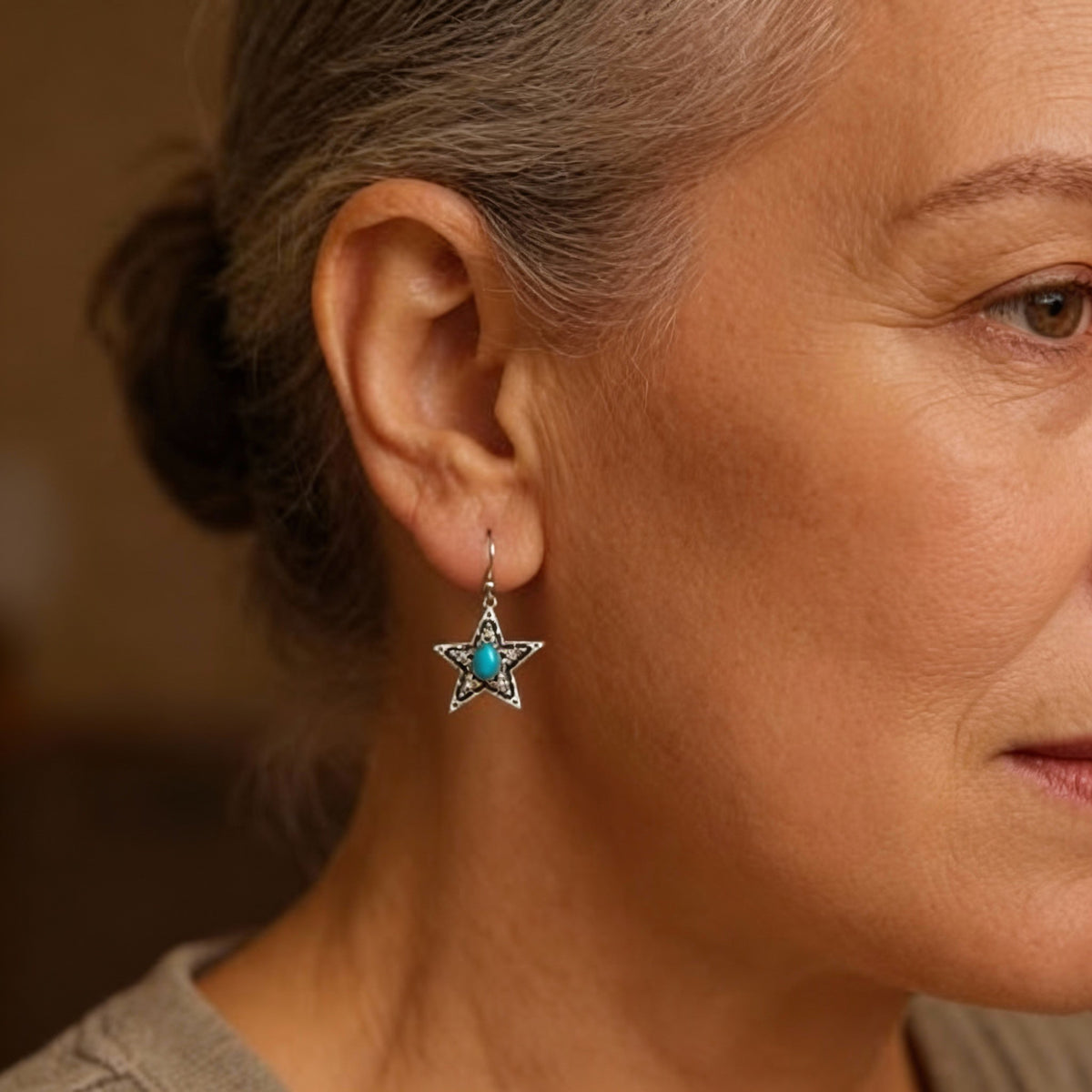 Western-Style Dangle Earrings with Turquoise Star for Women