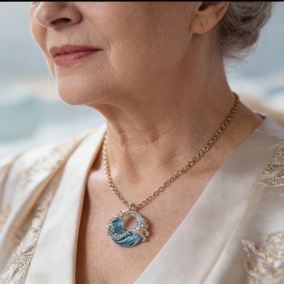 Unique Ocean Wave Necklace with Sparkling Aquamarine Crystals
