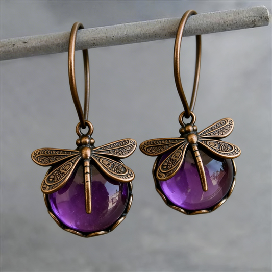 Antique bronze dragonfly earrings with coloured glass beads