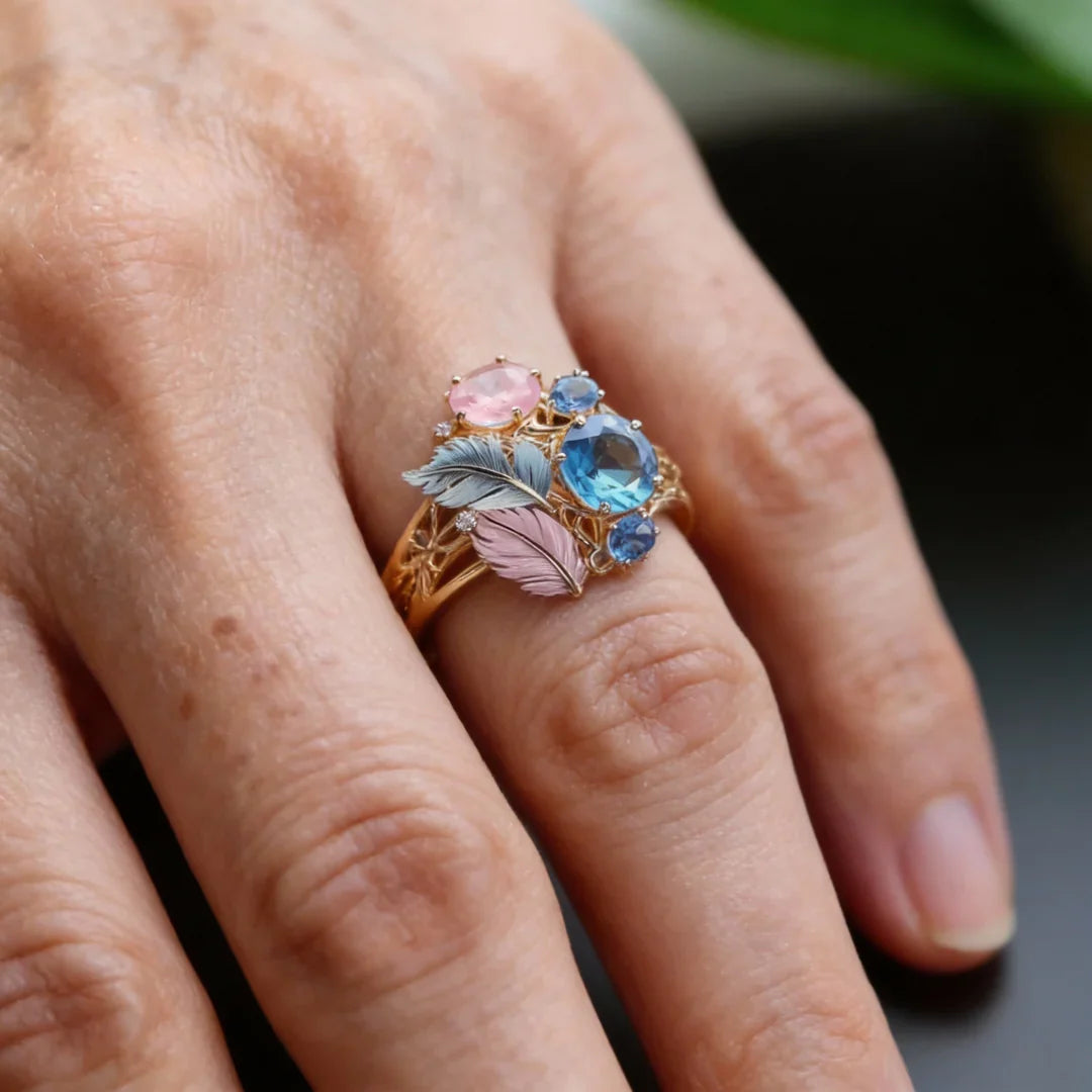 Vintage Ring with Crystals and Exotic Feathers