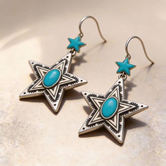 Western-Style Dangle Earrings with Turquoise Star for Women