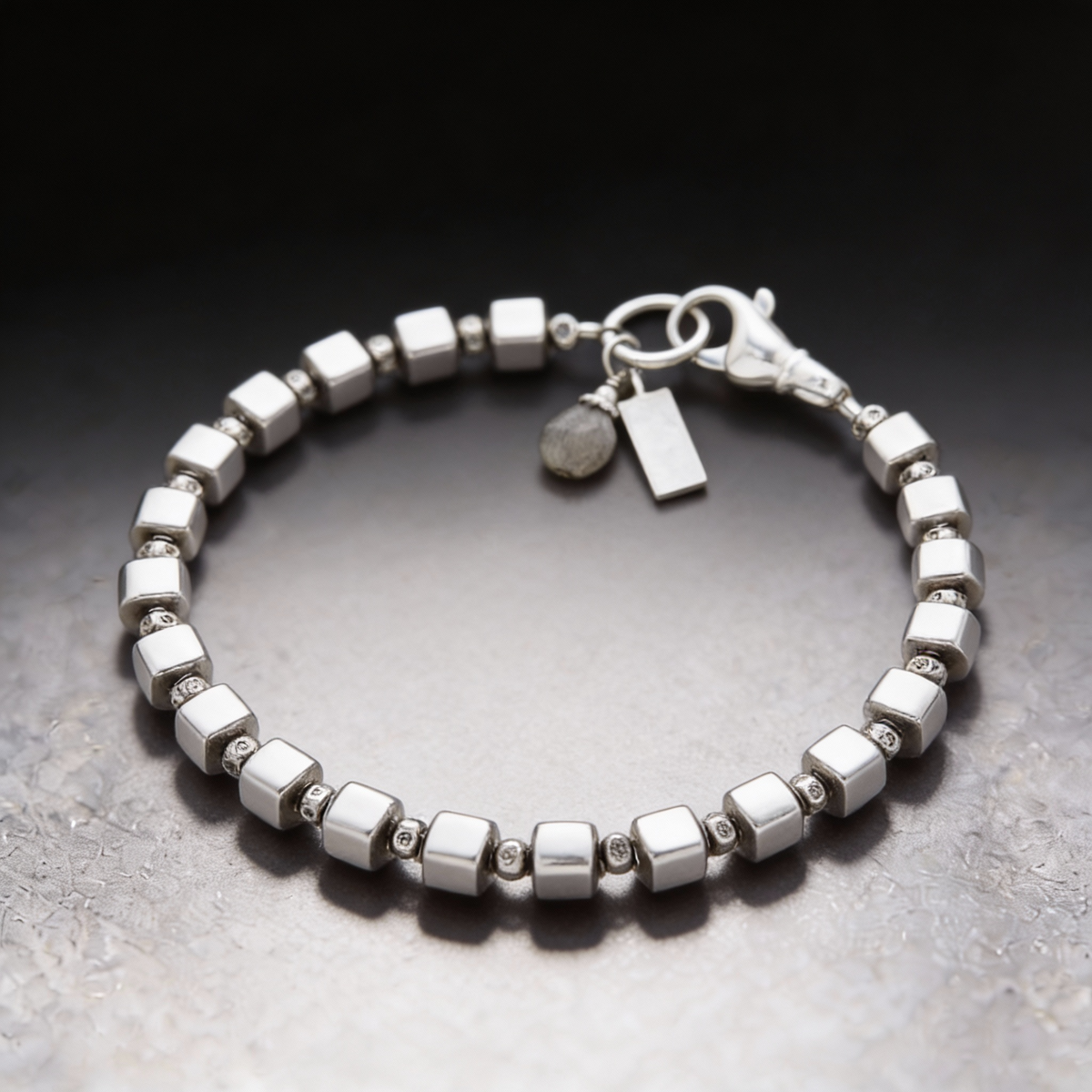 Brushed cube bracelet with a sparkling labradorite pendant