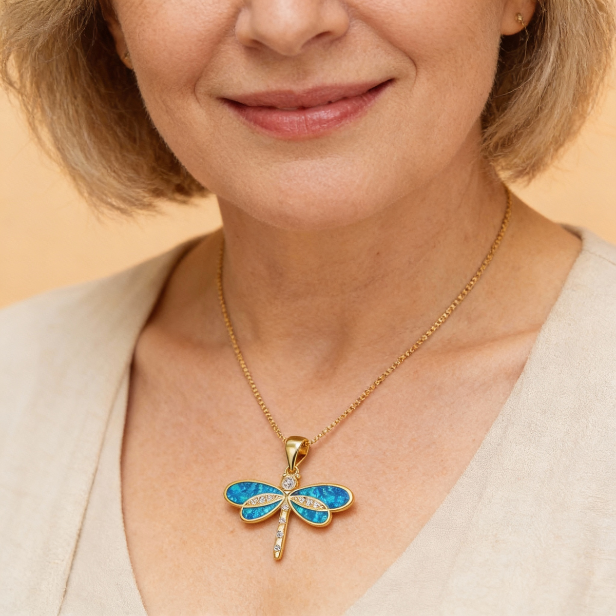 Shiny Dragonfly Necklace with Sparkling Opal and Cubic Zirconia